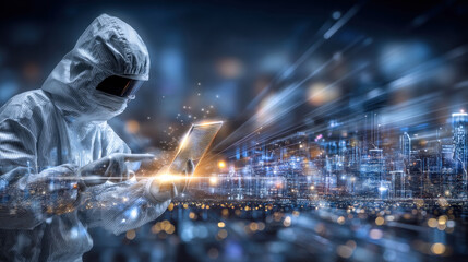 Futuristic scientist in cleanroom suit operating digital tablet in high tech laboratory, surrounded by vibrant cityscape. scene conveys innovation and advanced technology