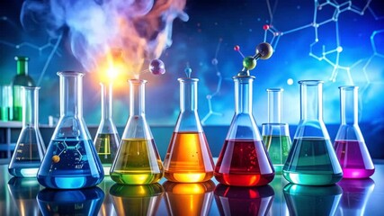 A vibrant scientific exploration: colorful chemistry in beakers with molecular structures - Powered by Adobe