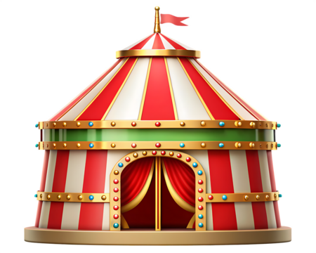 Striped circus tent with golden trim isolated on a transparent background