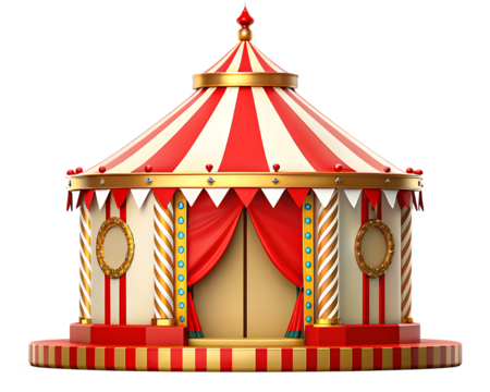 Striped circus tent with golden trim isolated on a transparent background