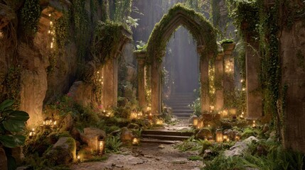 A captivating forest entrance surrounded by lush greenery and softly glowing lanterns creates an enchanting atmosphere.