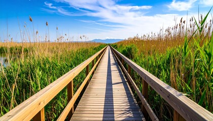 Wooden walkway through tall grasses