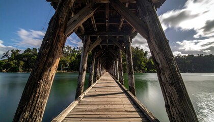 Wooden walkway under a bridge over water