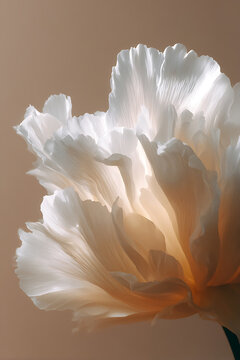 botanical photography, macro shot of a big white ruffled flower on a light beige backdrop soft lighting evokes a minimalist look, reminiscent of daria endresens style