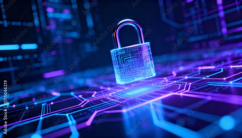Poster abstract representation of cybersecurity, digital lock floating over glowing network, blue and purpl