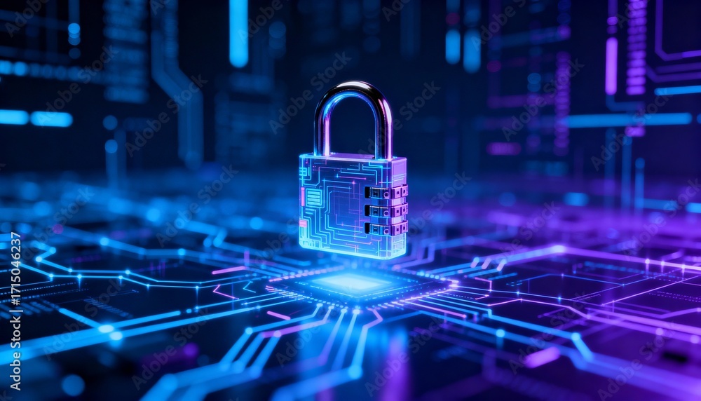 Poster abstract representation of cybersecurity, digital lock floating over glowing network, blue and purpl