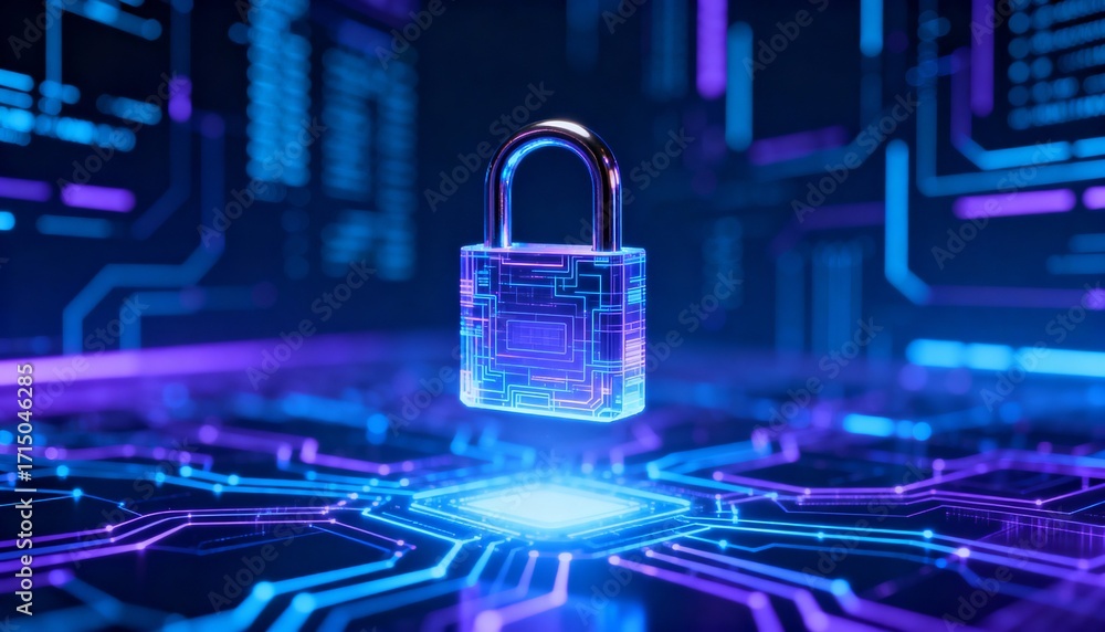 Poster abstract representation of cybersecurity, digital lock floating over glowing network, blue and purpl