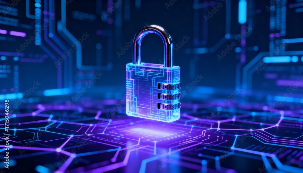 Poster abstract representation of cybersecurity, digital lock floating over glowing network, blue and purpl