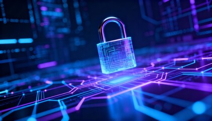 abstract representation of cybersecurity, digital lock floating over glowing network, blue and purple color palette, sci-fi design, tech matrix, sharp lighting