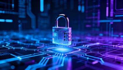 abstract representation of cybersecurity, digital lock floating over glowing network, blue and purple color palette, sci-fi design, tech matrix, sharp lighting
