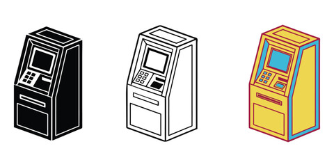 Three atm machine icons in black white and yellow displaying financial transactions vector