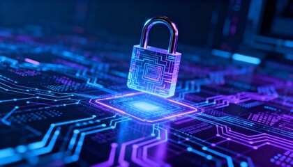 abstract representation of cybersecurity, digital lock floating over glowing network, blue and purple color palette, sci-fi design, tech matrix, sharp lighting