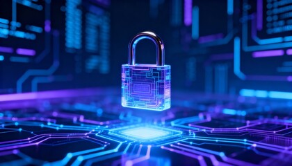 abstract representation of cybersecurity, digital lock floating over glowing network, blue and purple color palette, sci-fi design, tech matrix, sharp lighting