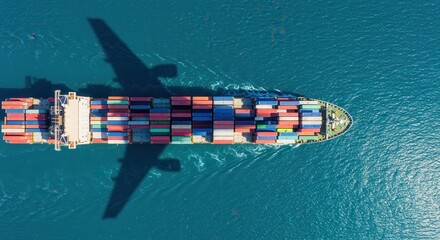 Cargo ship with airplane shadow over the sea