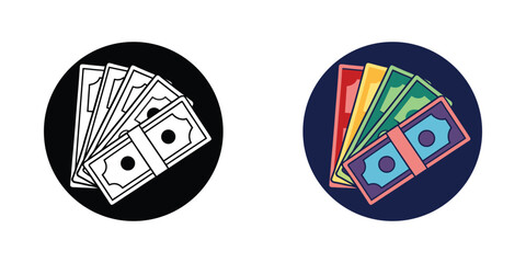 Two circular icons showing fanned bills representing money wealth and financial success vector