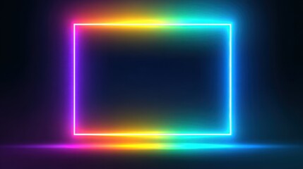 Fototapeta premium A vibrant neon rectangular frame glows with colors like blue pink and yellow set against a dark background perfect for showcasing artwork or design elements.
