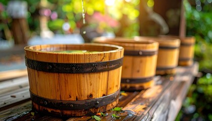 Wooden water barrels in a garden setting