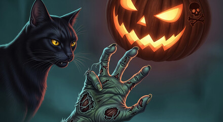 Black cat with yellow eyes observes a decaying hand reaching for a carved pumpkin Halloween illustration, showcasing spooky, mysterious, and gothic themes