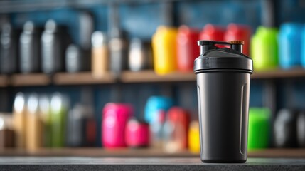 Clear view of a protein shaker bottle in sharp focus on a counter with various dietary aids in soft blur behind showcasing a functional sports nutrition setup.