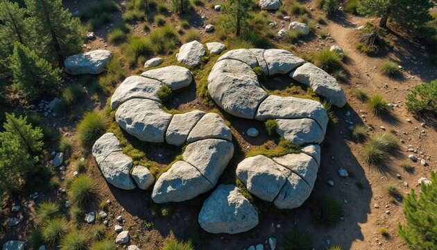 Aerial view of distress signal made from large rocks arranged in circle among plants. Sos symbol in remote forest setting suggests survival situation, call for help. Conspicuous pattern forms clear