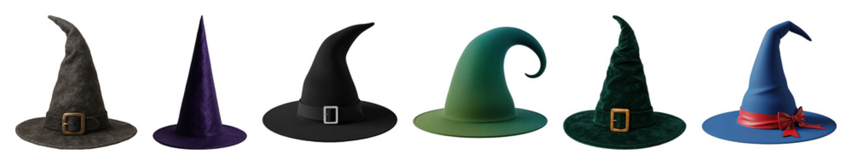 Fototapeta premium Witch hat set including various colors, textures, and styles isolated. Perfect for Halloween and fantasy themes.