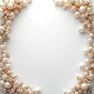 Luxury decorative frame with white pearls and gold diamond accents. White background provides ample copy space. Ideal for jewelry ads, wedding invitations, or fashion editorials.