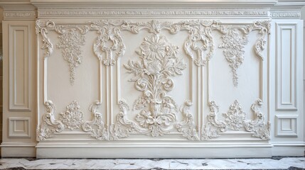 Obraz premium A stunning wall adorned with detailed white plasterwork showcases floral and scroll patterns enhancing the elegance of the interior design. This artistry highlights craftsmanship and style.