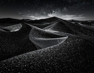 A dramatic night scene unfolds across undulating sand dunes, glittering with celestial dust under a starry sky.