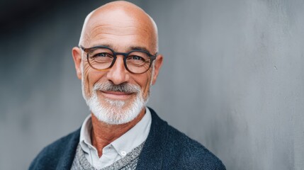 Fototapeta premium A content older man smiles warmly while wearing glasses and a stylish outfit. He stands against a gray wall showcasing a relaxed and approachable demeanor in bright daylight.