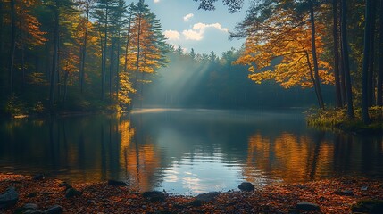 Autumnal forest lake reflections