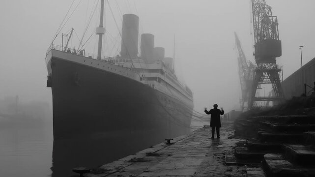 A solitary figure observes a massive ship in a foggy dockyard.