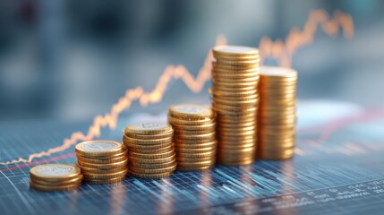 Coins are stacked in increasing order on a finance chart illustrating upward growth. The background features a vibrant graph indicating positive market trends.