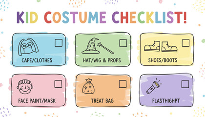 Colorful kids costume checklist for Halloween or party preparation Fun childhood activity