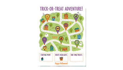 Cartoon Halloween trickortreat map for neighborhood adventure planning and festive fun