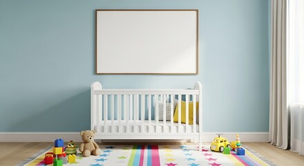 Cozy nursery scene with crib and toys softly lit for a peaceful atmosphere