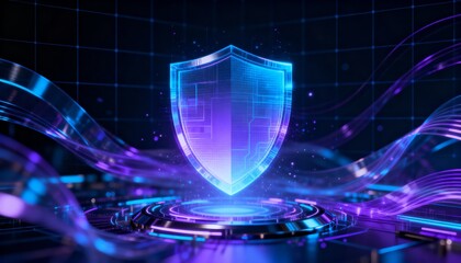 Abstract technology background with glowing shield hologram, futuristic cyber protection