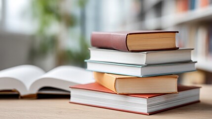 A stack of five books in various colors sits on a wooden table. An open book is placed beside the stack. Soft natural light filters through a nearby window illuminating the setting.