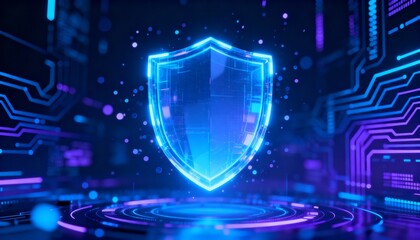 Abstract technology background with glowing shield hologram, futuristic cyber protection