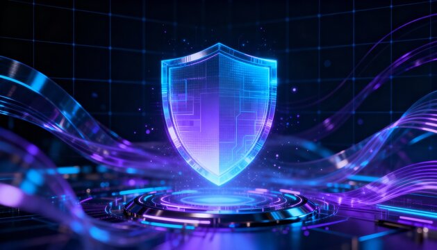 Abstract technology background with glowing shield hologram, futuristic cyber protection