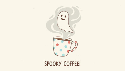 Playful cartoon ghost emerging from a polkadot coffee mug perfect for Halloween fun