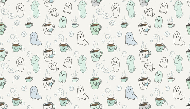 Charming handdrawn pattern with cute ghosts and coffee cups Ideal for Halloween or comfort themes