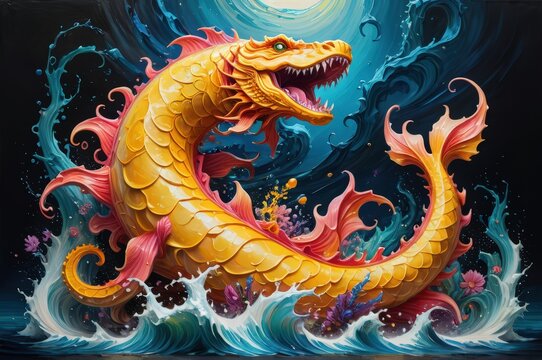 Golden dragon-fish in vibrant ocean waves