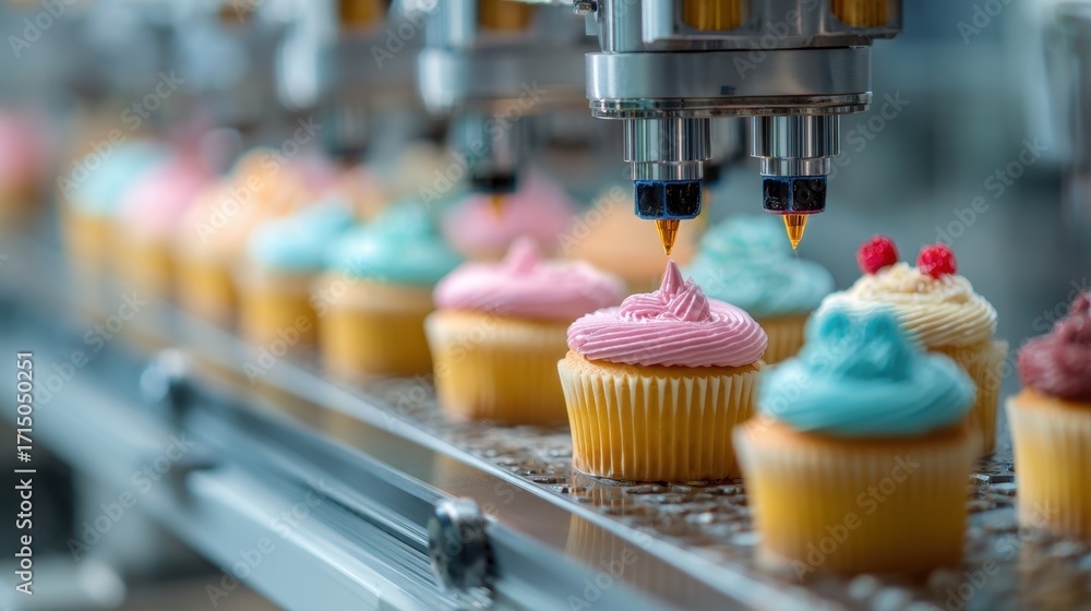 Poster closeup of an automated machine piping smooth lines of icing onto cupcakes showcasing precise and co
