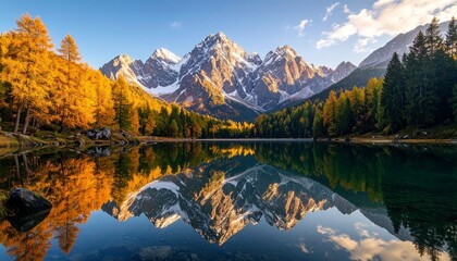 Naklejka premium Autumnal Alpine Lake Reflecting Majestic SnowCapped Mountains