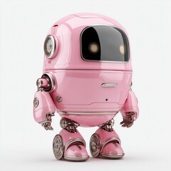 Pink robot standing isolated on white background