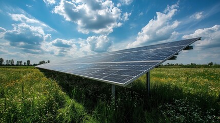 Solar panels in blooming meadow
