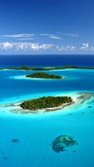 Fototapeta premium Aerial View of Lush Tropical Islands, Turquoise Ocean, and Coral Reefs AI Model