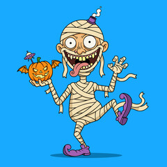 Wacky cartoon mummy holding a Halloween pumpkin with bat wings and a UFO ready for spooky fun