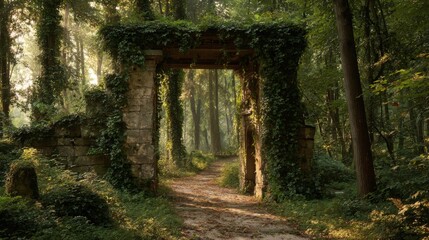 Fototapeta premium A stone arch draped in ivy stands at the entrance of a winding path through a lush forest. Sunlight filters through the trees creating a serene atmosphere in the early morning.