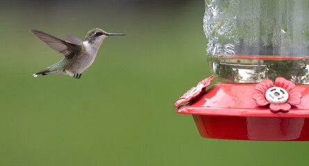 A ruby-throated humming bird approaches a red feeder